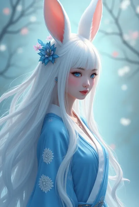 a one woman, rabbit hybrid, long white hair with blue tips, blue and white kimono, decoration in the hair, blue eyes
