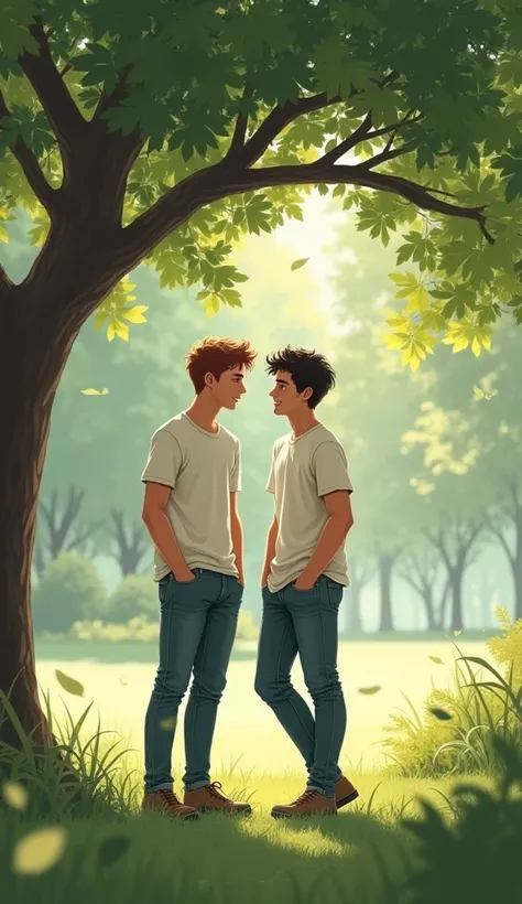 Two  boy friends standing under the tree