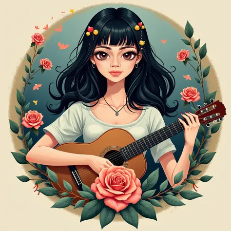 Create a symmetrial, fantastic, hypnotic, memorable, poetic logo of a beauty medium body woman guitarist black smooth silky medium hair with bang and a special roses As a symbol. create a feather as the special symbol in front for a creative brand called t...