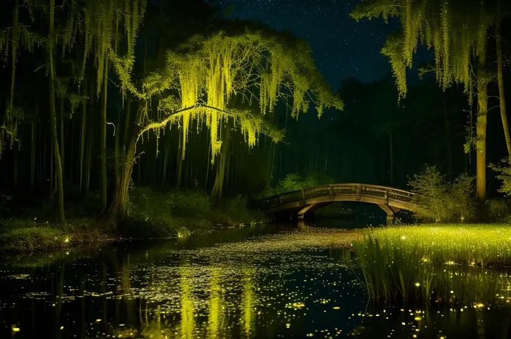 Best Quality　masterpiece　 details　Night in the swamp with lots of yellow light fireflies　Photo style　 fantastic　Fairy tale　 fantasy