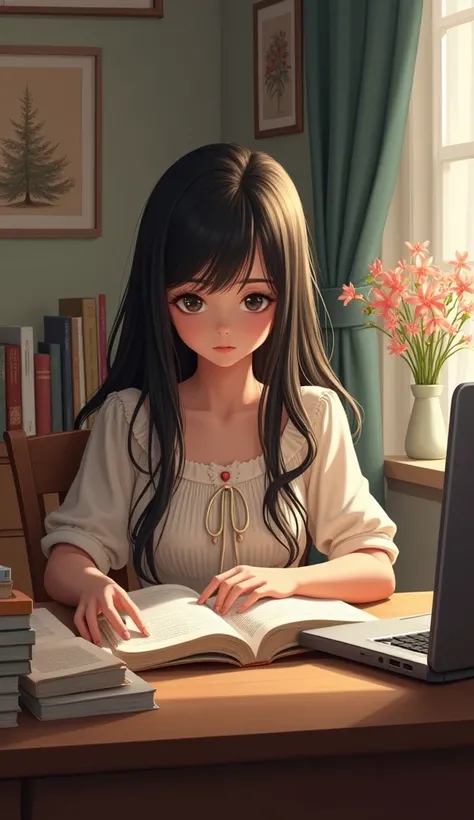 A realistic girl , long black blonde hair , masterpeice , sitting , studying , earing , cute dress , cozy room , cozy lights, big study desk and table , open laptop , books , wall decor , vash , seeing down book , fit , serious expression , day , full room...