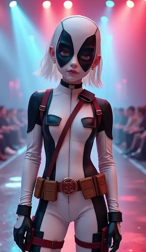 cute  dressed as white deadpool, full body, realistic, photorealistic, high detail, detailed costume, detailed face, detailed eyes, detailed lips, detailed expression, dynamic pose, stage, fashion show, studio lighting, vivid colors, cinematic lighting, dr...