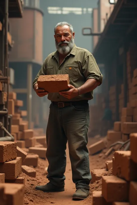 A man with a piece of brick in his hand and seeing the brick in brick mill