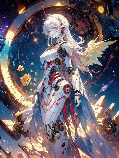 ((( best quality)), ((masterpiece)), ( details), ( of Cosmic Space), SF, A Girl in the Body of a Single Machine,Hollow Eyes, white skin,Blonde,Long Hair,silvery flower armor,Machine Joints,robot finger ,Asymmetrical bangs,, slim figure, Slightly larger bre...