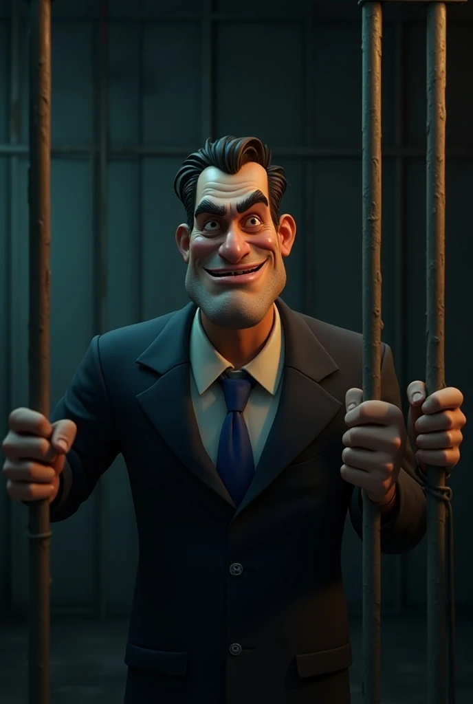 The second prisoner casually explaining, while in a jail cell, that he was caught by the police because after robbing a bank, he stayed inside the bank counting the money. The scene shows him recounting the story with a smirk."
Generate in cinematic 3d car...