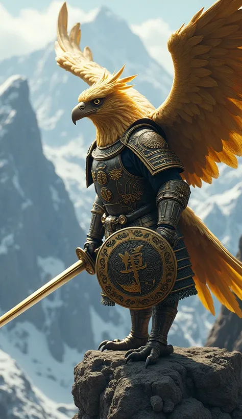  Imagine a golden eagle wearing golden samurai armor and steel feathers , wielding a long katana and a round shield ,  ready to fight bravely hes hiking high in the mountains.