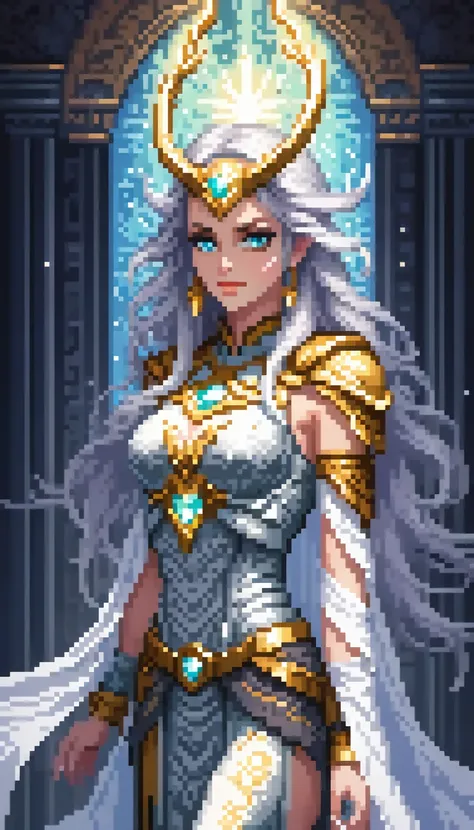 (Pixel art:1.2),Pixel art, retro game cover art, bust portrait, symmetrical shoulders, symmetrical face, beautiful, elegant, a female character who may join and assist Loki, dressed in revealing intricate silver and gold armor with flowing, sheer robes that expose her waist and thighs, accentuating hegure. Her outfit is boldly designed, showcasing her allure with metallic embellishments and intricate embroidery. She has long, flowing hair and an aura of divine power, with soft glowing light surrounding her. Her expression is calm but mysterious, concealing her true identity as a goddess. Volumetric lighting, subsurface scattering, ray tracing, vivid colors, trending on Artstation, designed by Jordan Grimmer, in the art style of Greg Rutkowski.