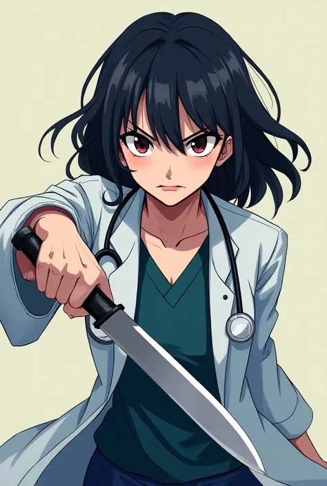  by an angry girl doctor with a knife with a smirk on her face! the knife is held slightly at ease ! front view of the camera from below ! anime style anime