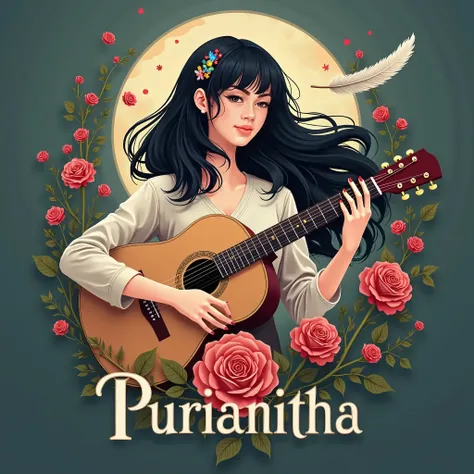 Create a symmetrial, fantastic, hypnotic, memorable, poetic logo of a beauty medium body woman guitarist black smooth silky medium hair with bang and a special roses As a symbol. create a feather as the special symbol in front for a creative brand called t...