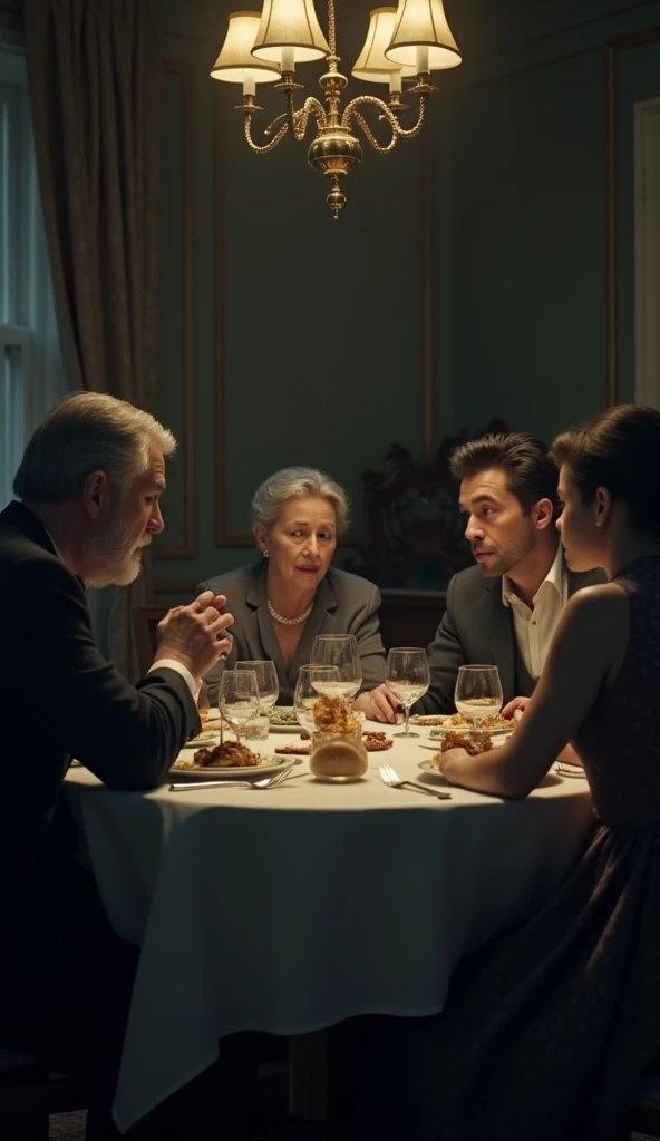 A tense dinner scene where Gregor sits with his family, but the table is filled with silence. The camera focuses on the subtle gestures: his father’s disapproving gaze, his mother’s quiet resignation, and his sister’s distracted expression. Gregor, feeling...