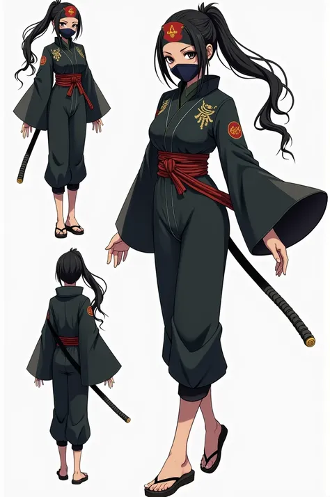 A 2d anime female ninja from Sengoku era japan with headband and sandals from every angle, in traditional Japanese ninja dress.

