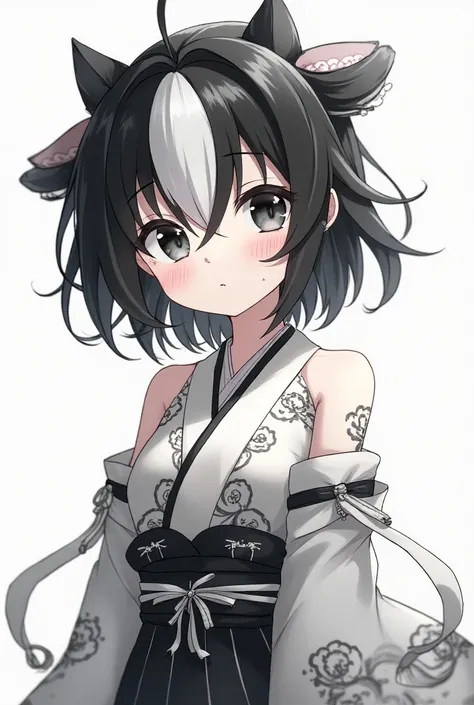 anime,female , black and white hair, Japanese style clothes, handsome, chibi, undressed
