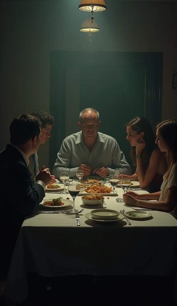 A tense dinner scene where Gregor sits with his family, but the table is filled with silence. The camera focuses on the subtle gestures: his father’s disapproving gaze, his mother’s quiet resignation, and his sister’s distracted expression. Gregor, feeling...