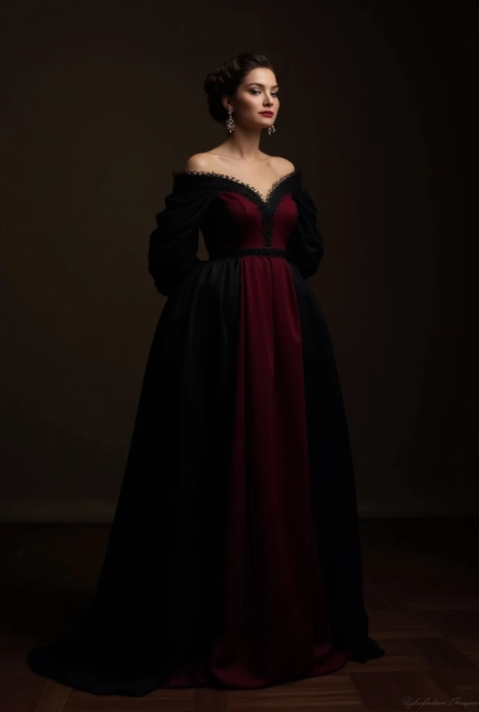 A dress in black and wine red colour like a queen’s dress full covered 
