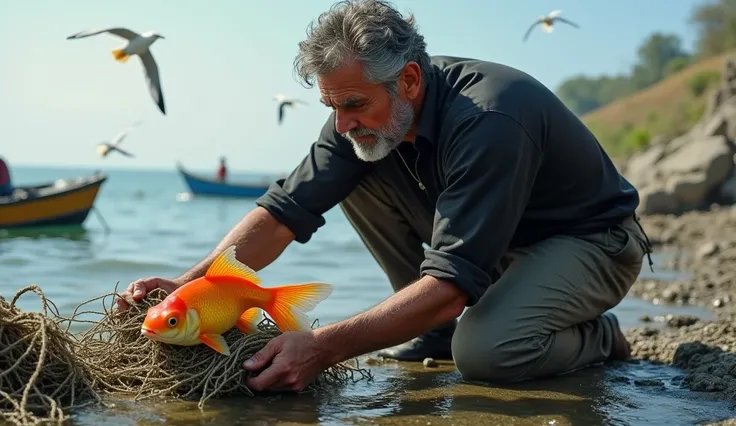 A male fisherman wearing a plain black shirt and grey trousers Saving a goldfish trapped in marine debris 