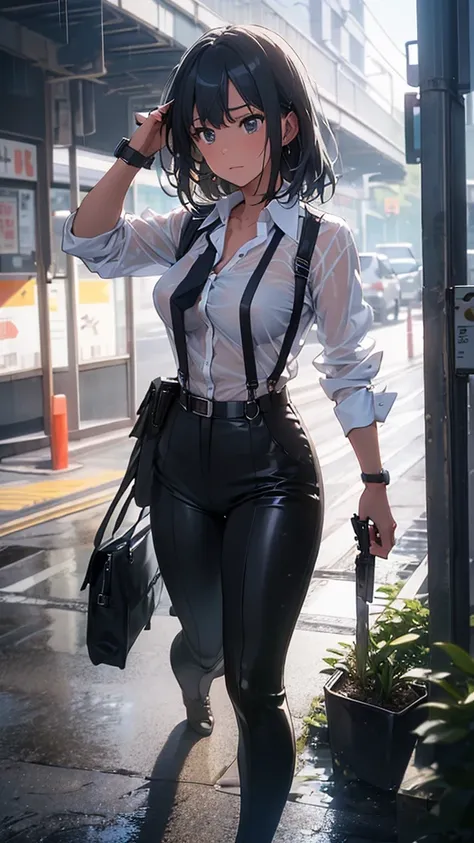 Woman in a suit, belt, Hands on back,  sweaty,  suspenders,  black pants , Sexy, Large Breasts, see-through clothing, rain, Detective, Office Workers,  white button up shirt , ( best quality,4K,8k, High Resolution ,masterpiece:1.2),Ultra-detailed,(Realisti...