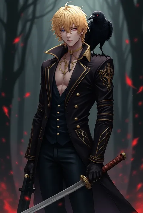 Male anime character with golden hair, black crow, blue left eye, red right eye, left hand holding twin shotgun, right hand holding katana sword