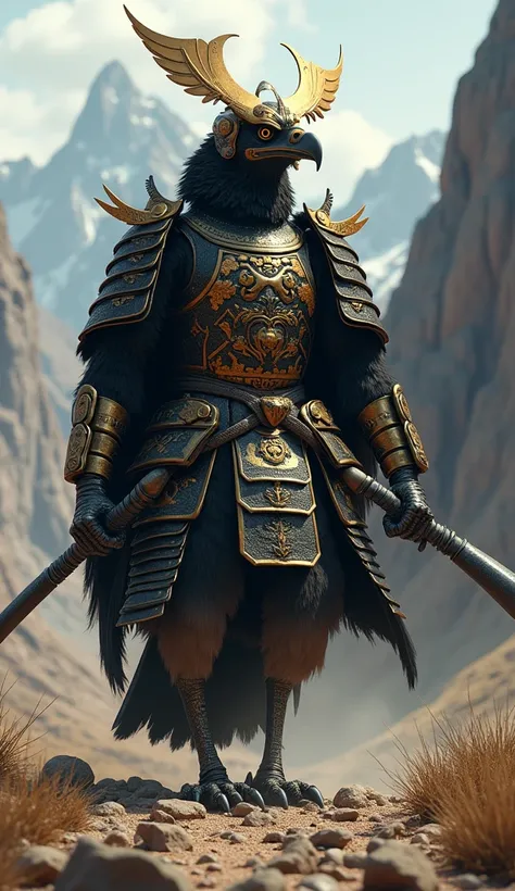  Imagine an imposing condor wearing black and gold samurai armor,  with a kabuto with broad-winged wings and a naginata in its claws , walking on the Andean battlefield  