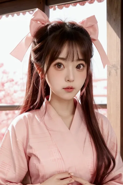 I girl, young, big eyes, pink yukata, holding bamboo muzzle in mouth, pink ribbon, dark-brown haori, red check pattern, orange color long hair and pink colour eyes.