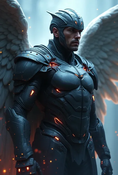 Realistic futuristic tattoo of Archangel Michael with armor and helmet