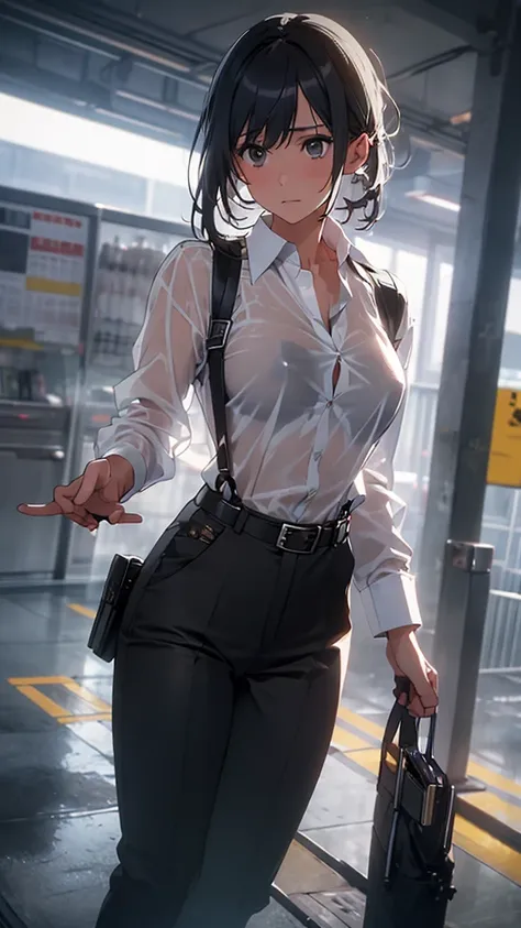 woman in a suit, belt, hands on back,  sweaty,  suspenders,  black pants , sexy, large breasts, see-through clothing, rain, dete...