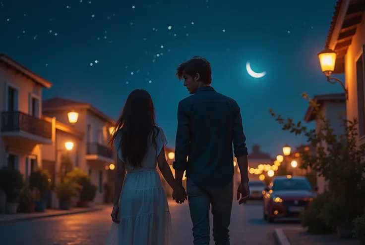 an unusual angle, a beautiful couple walking along the evening street of a seaside town, not holding hands, a tall guy with light brown hair, a short girl with long dark hair, walking side by side, not holding hands, dark starry sky, beautiful night, high ...