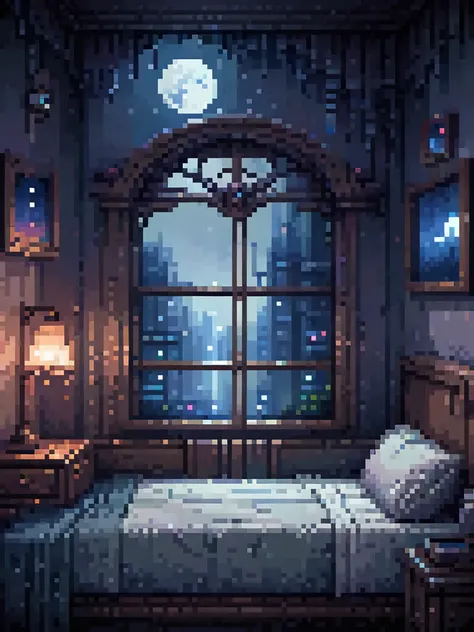 a bed in a room with a window, dark night city view, full moon, lofi, warm lighting, cinematic, moody atmosphere, detailed inter...