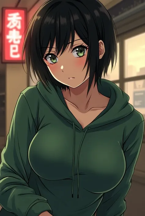 (manga) 24-Year-Old Girl , black hair, short,  Big breasts. green eyes. In a sexy sweatshirt