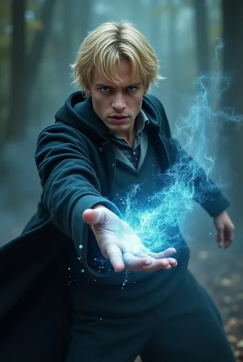 1 man with blonde hair and blue eyes is holding a spell and inciting a spell. , hes wearing a Hogwarts suit. . , hes not wearing glasses . Hes handsome and angry .