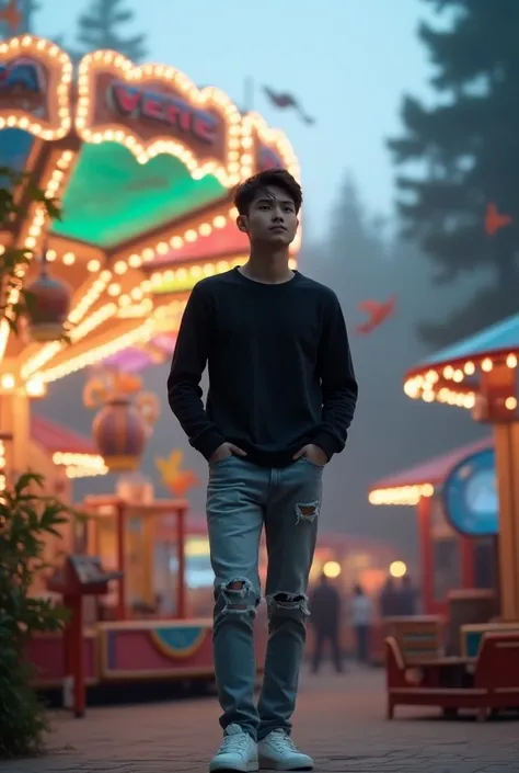 The picture shows a young man standing in front of the ride with colorful lights. He wears a black long-sleeved shirt with a chest ((image of a sunlit misty pine forest)), light gray ripped jeans, and white sneakers. He held his hands in his pocket and loo...