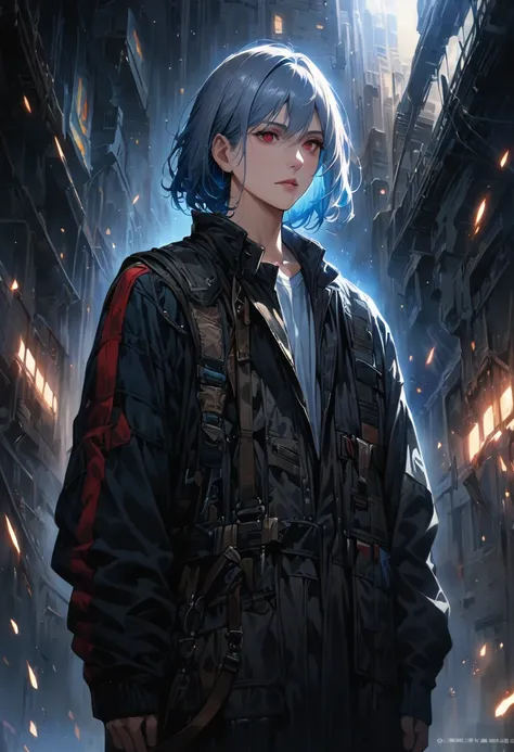 blue hair, (official art, highest quality, Unity 8k wallpaper, 32K、​masterpiece, super detailed, High resolution, realistic, Photoreal:1.2), (cinematic lighting:1.2), High resolution, (masterpiece: 1.4), Super detailed, one boy, platinum blonde, medium hai...