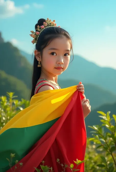 A Shan girl with Myanmar flag 

