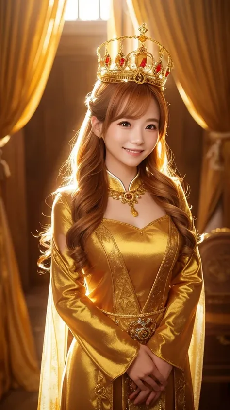  facing the front　　 young smiling single woman shining a golden light　Chestnut colored hair long 　Goddess　Gorgeous　 light shining aura
It was dignified　Long sleeve　Golden Pika Outfit 　Tiara　 golden light　Shining Background