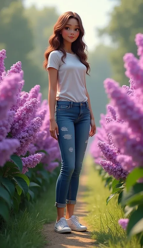 A highly realistic animated 22-year-old woman standing among blooming lilacs, fully dressed and wearing shoes. Her full body is visible, with clearly defined arms, legs, and feet. She is not holding anything, and her natural, relaxed posture adds to the li...