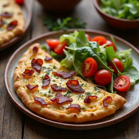  “tarte flambée”, with salad , on a plate