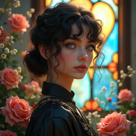 A girl, beautiful crystal blue eyes, black curly hair tied up, Colored stained glass background, roses and wild flowers, High details, Volumetric light, 8k, mute color, soft colors, Bright and clear, Black satin, Embroidery with thread&#39;or, Sensitivity ...