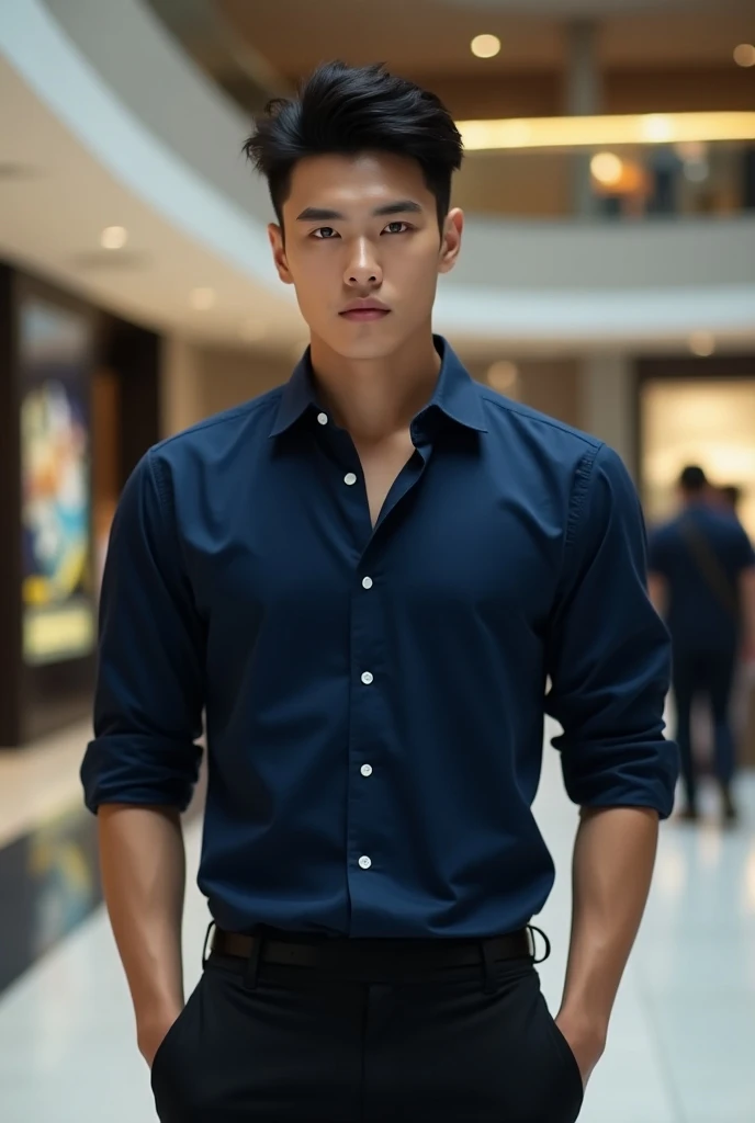  super realistic photo shoot black hair  (Young Korean Handsome 20 Years Old Big Eyes Cute Tall Muscles Bulging Arms Bodybuilder) (Slim eyes 1 ： 3 Full Body Photos in the Mall Navy Shirt, Buttoned, Black Pants 