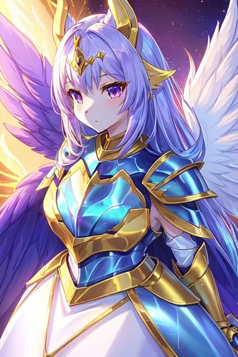 a close up of a purple and yellow anime character with wings, glamorous angewoman digimon, knights of zodiac girl, portrait knights of zodiac girl, in opal armor, shiny armor, dressed in light armor, draconic looking armor, shiny plastic armor, shining pla...