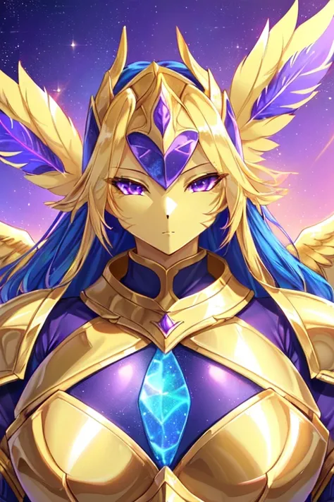 a close up of a purple and yellow anime character with wings, glamorous angewoman digimon, knights of zodiac girl, portrait knights of zodiac girl, in opal armor, shiny armor, dressed in light armor, draconic looking armor, shiny plastic armor, shining pla...