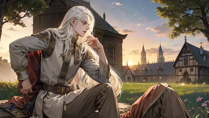 Middle Ages, man, middle age, (One, lonely), Castlevania Lord красивый, thin, (grey medieval shirt and brown pants, dirty clothes), peasant hoodie,  pendant hanging around my neck ,  dynamic pose , super  Detailed face ,  long hair, tail on the head, white...