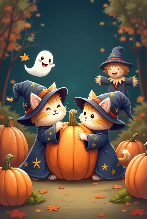 Manga kawai Halloween ,  two cats dressed as a wizard play with big pumpkins,  a big ghost and a scarecrow have fun scaring each other . 