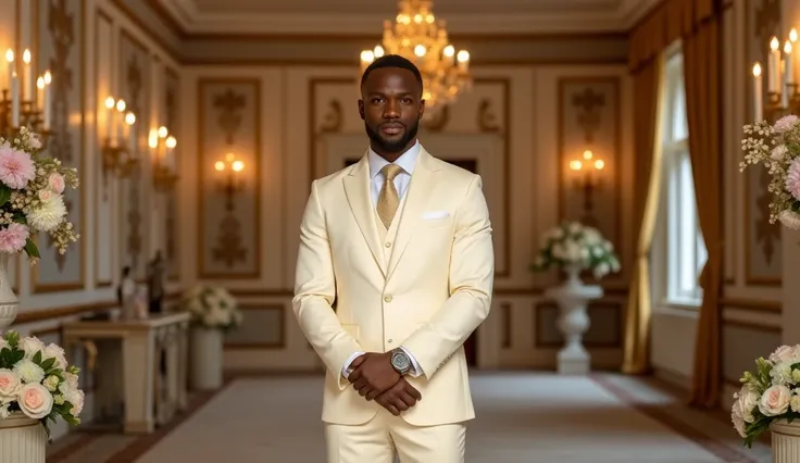 Full image of a young African man wearing a cream suit standing in a hall with luxurious wedding decor