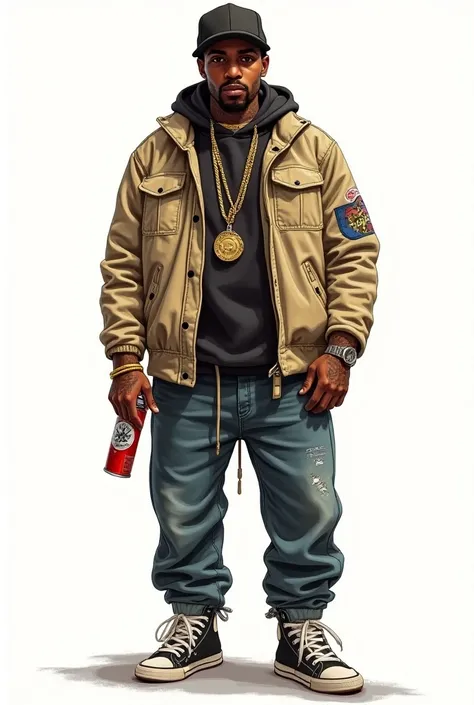 Rapper dress drawing, with gold cord and cap  , with spray can in hand. 