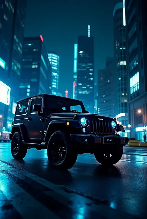 Mahindra Thar black colour and alloy wheels and blue neon light morden city 