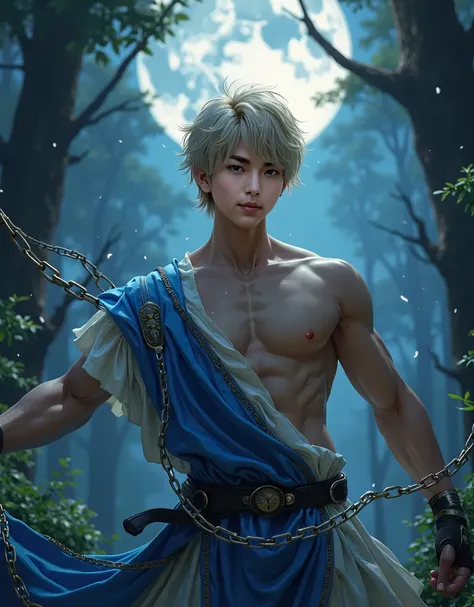 1boy,  japanese boy holding a chain, very handsome, perfect face, cute face, clear and beautiful detailed eyes, messy blonde short hair, shiny hair, bangs, exposed pectorals and abs, blue tabard, white shirt, gold trim, chains flying, slim muscular, handso...