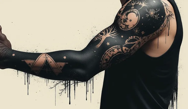 Design a full-arm tattoo in a blackout style, with intricate, artistic elements integrated within the black shading. The tattoo covers the entire arm from shoulder to wrist, with large sections in deep black, but carefully designed empty spaces form abstra...