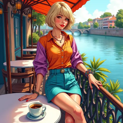 Stunning woman, short blonde hair, short skirt, blouse, turquoise, orange, purple color, sitting on the terrace of a cafe by the river, light brown hair, alcohol ink illustration, hyper-detailed, maximalist ink drawing with a cup of coffee and a smile