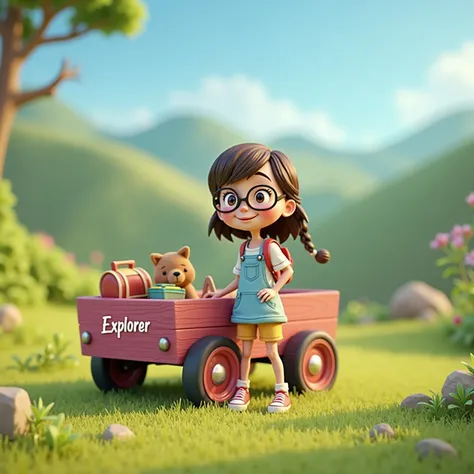 3D animation. We have a girl wearing glasses and a woodie in pink and there is a name written on the woodie "Explorer" the background is out door.