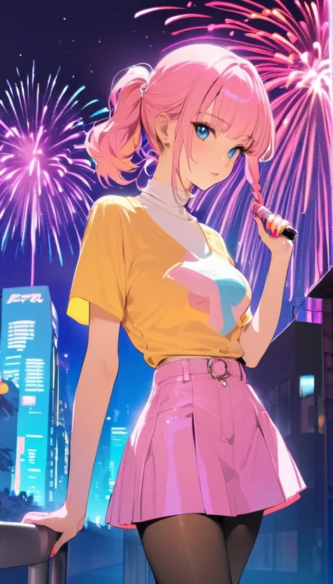 ( best quality:1.2,    city pop style,    very detailed, Latest, Vibrant,    high contrast  , masterpiece:1.2,  best quality, Best aesthetics), girl, ((   Frontal Shots   :1.4)), Colorful Hair, short ponytail with braids, Pastel colors, 1980s Style, ((Retr...