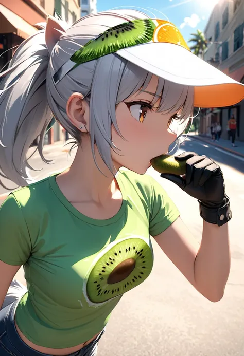 (masterpiece, best quality),(A girl wearing a kiwi-fruit print T-shirt),
(cute,cute,silver hair,ponytail,wolf-ear,sun-visor, gloves,middle small breasts,wolf-tail,),street snap,blow-job, Florida,octane rendering,